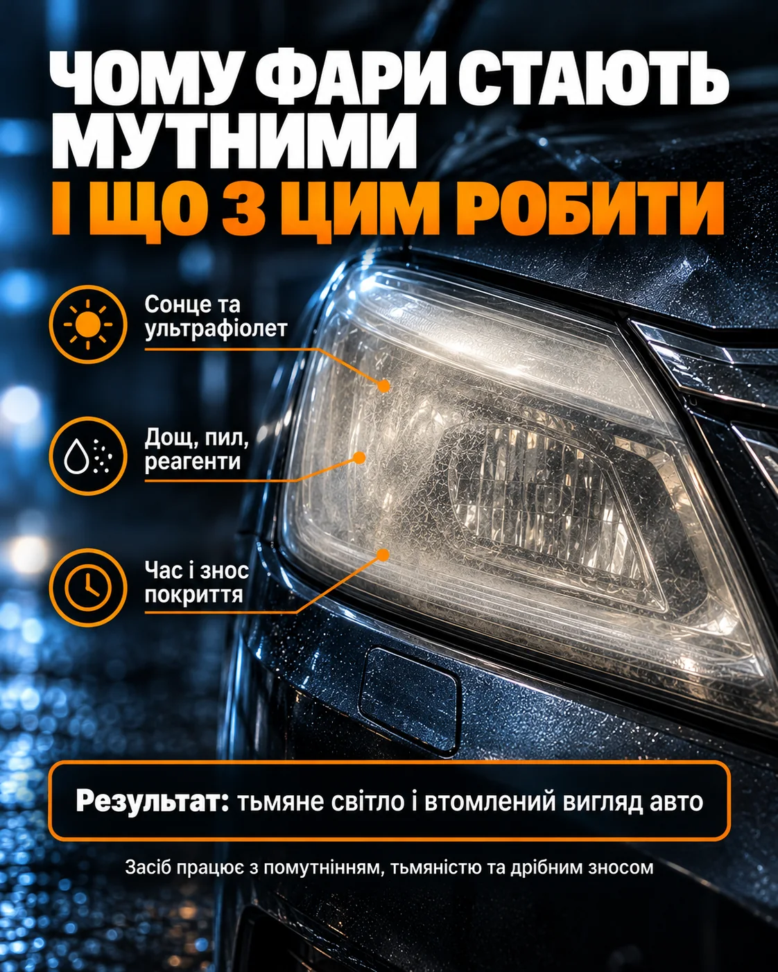Чому фари стають мутними: сонце та ультрафіолет, дощ, пил і реагенти, час і знос покриття